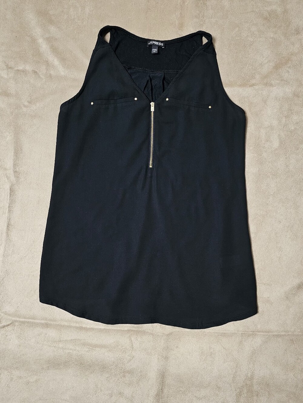 Express Black Sleeveless Zip-Front Tank with Gold Accents S